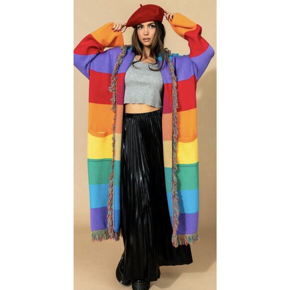 Dressed in LALA Luxe Fringe Blanket Cardigan in Chasing Rainbows Size S/M - Picture 1 of 9